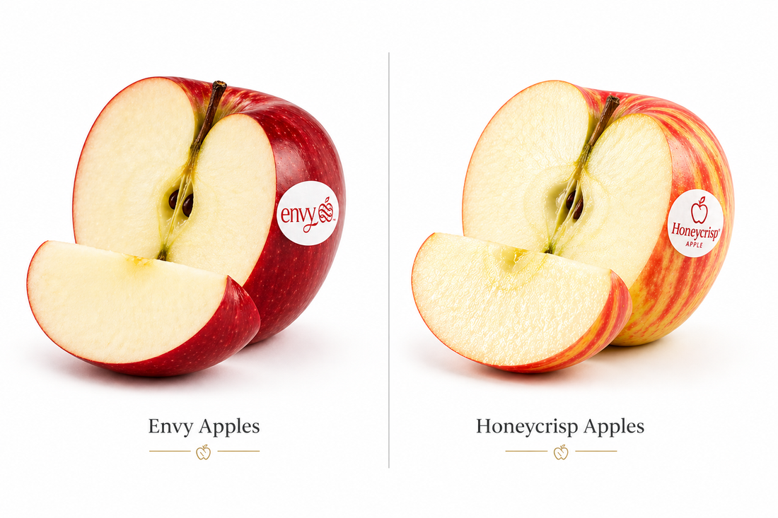 Envy apples vs Honeycrisp comparison showing texture and colour
