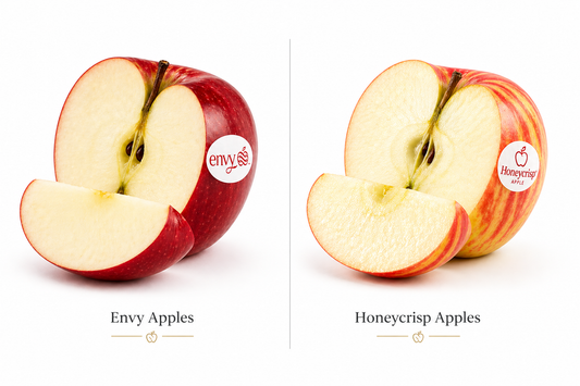 Envy apples vs Honeycrisp comparison showing texture and colour