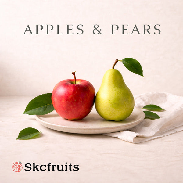 Skcfruits apples and pears collection with fresh apple and pear on a minimal neutral background