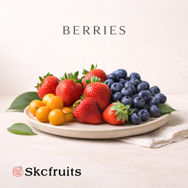 Skcfruits berries like strawberries, golden berry, blueberries on a minimal neutral background