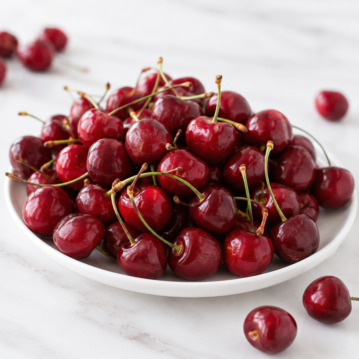 White plate with a pile of red cherries on a light wooden surface.