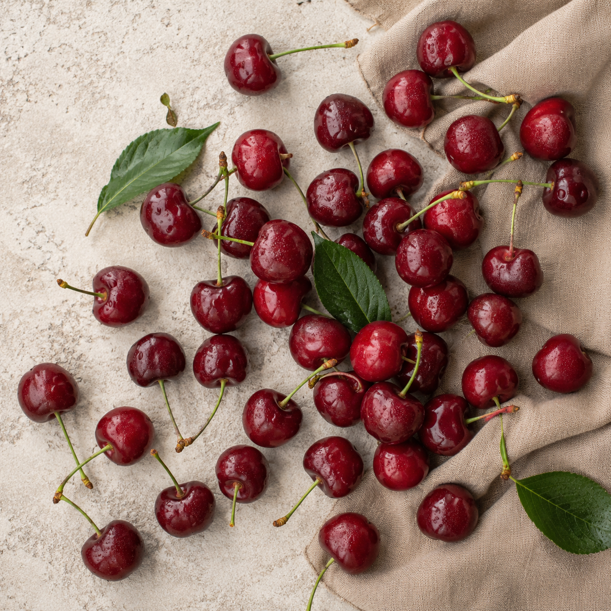Red cherries with green leaves on a beige surface