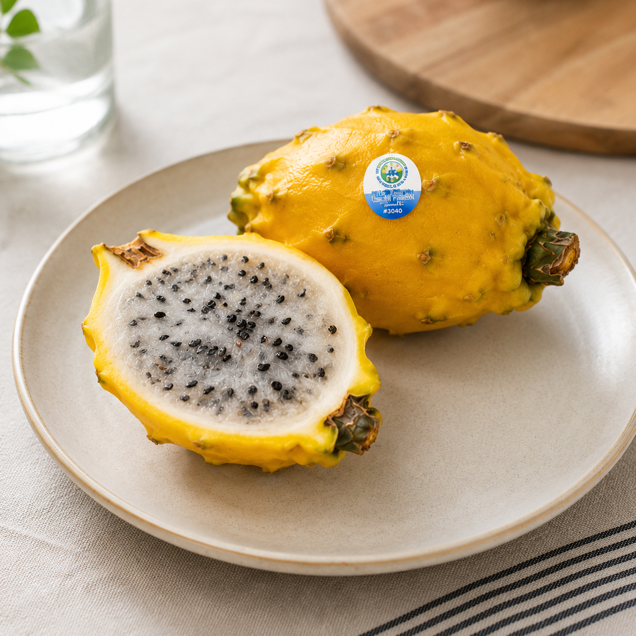Cut yellow dragon fruit showing white flesh and edible black seeds