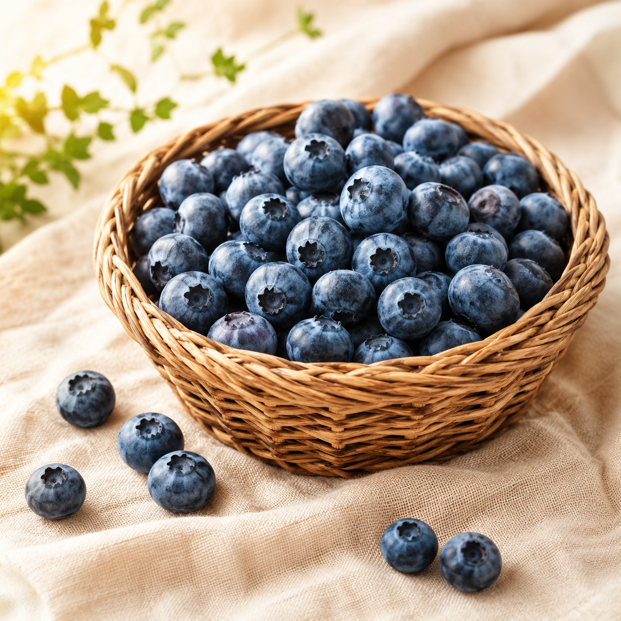 Basket of fresh blueberries on a beige fabric background