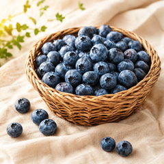 Basket of fresh blueberries on a beige fabric background