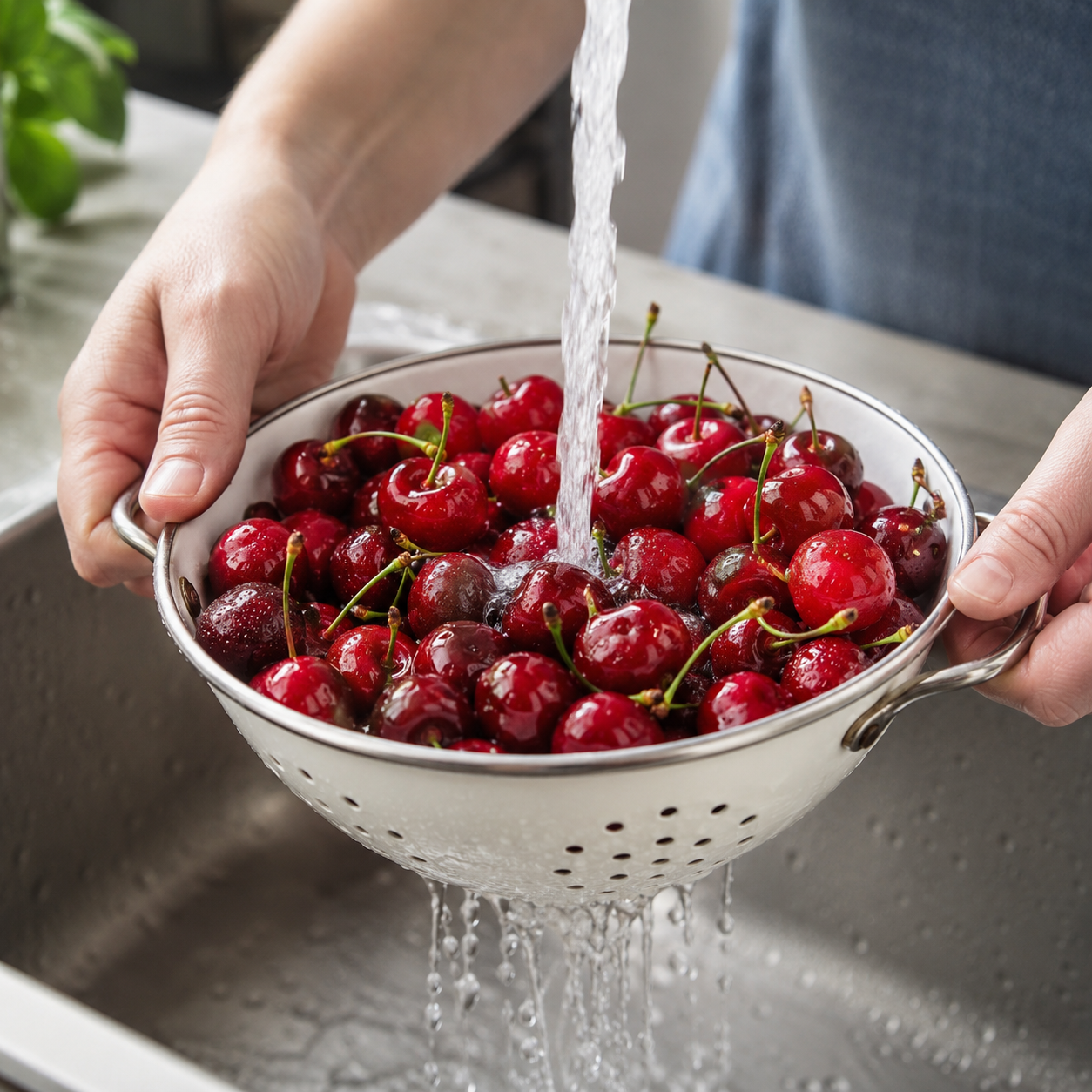 Person washing cherries in a colander under running water in a kitchen sink.