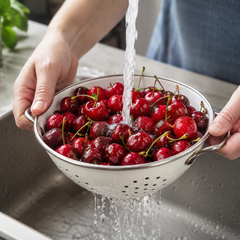 Person washing cherries in a colander under running water in a kitchen sink.