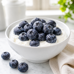 White bowl filled with yogurt and jumbo blueberries on a marble surface.