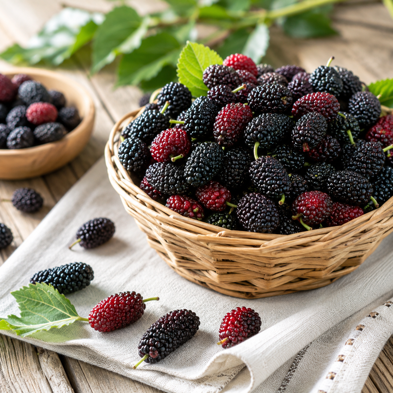 Basket of mulberries on a wooden surface with leaves.