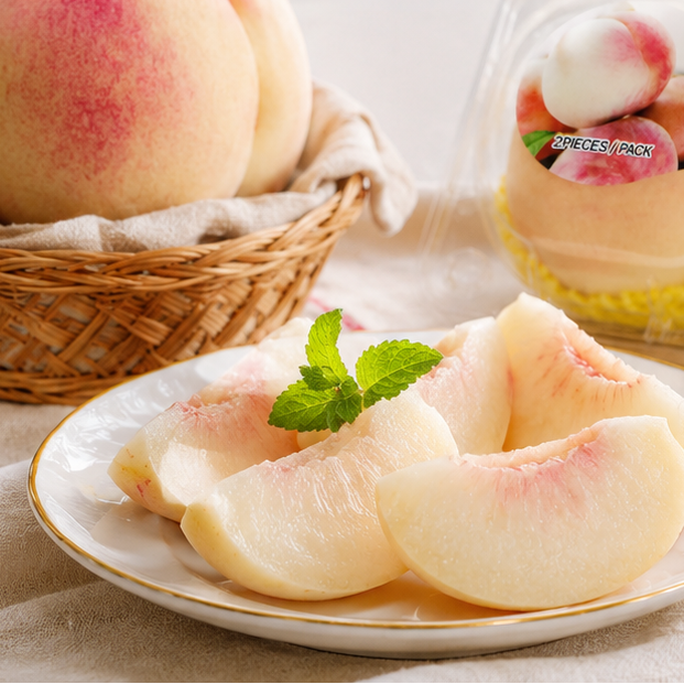 Fresh peach slices on a white plate with a mint garnish, with whole peaches in a wicker basket and a packaged bag of peaches in the background.