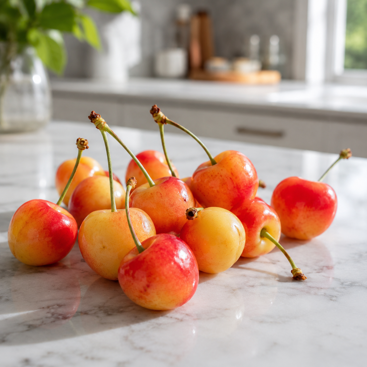 Cherries on a marble countertop with a kitchen background