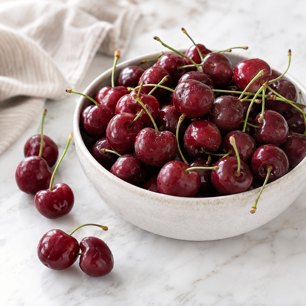 Bowl of cherries on a marble surface with a light background