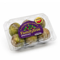 Premium Family Tree Farms Plumcots in a 454g clamshell featuring green plum-apricot hybrid fruits with natural burgundy speckled skin.