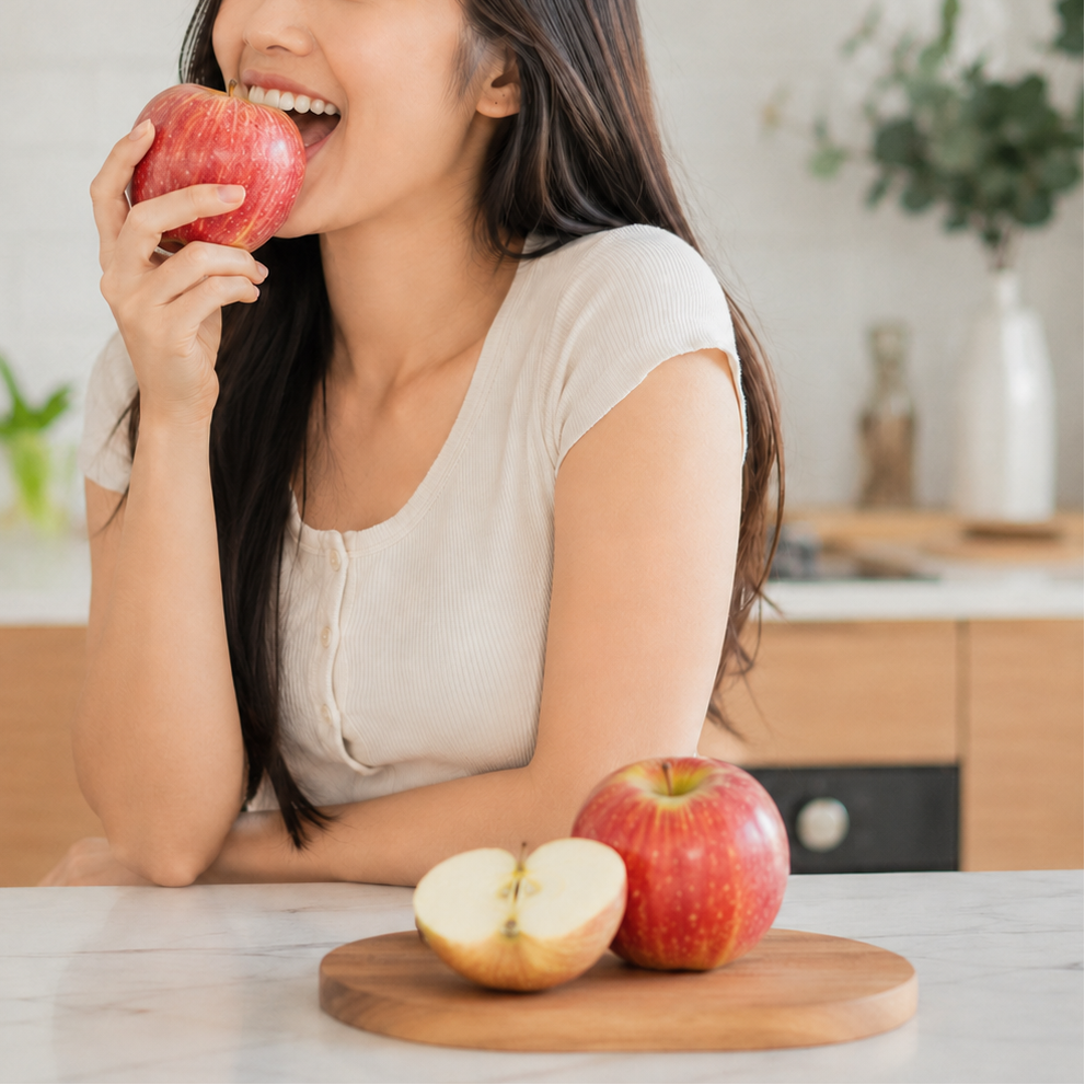Person enjoying fresh Korean Yeongju Fuji Apple slices in Singapore