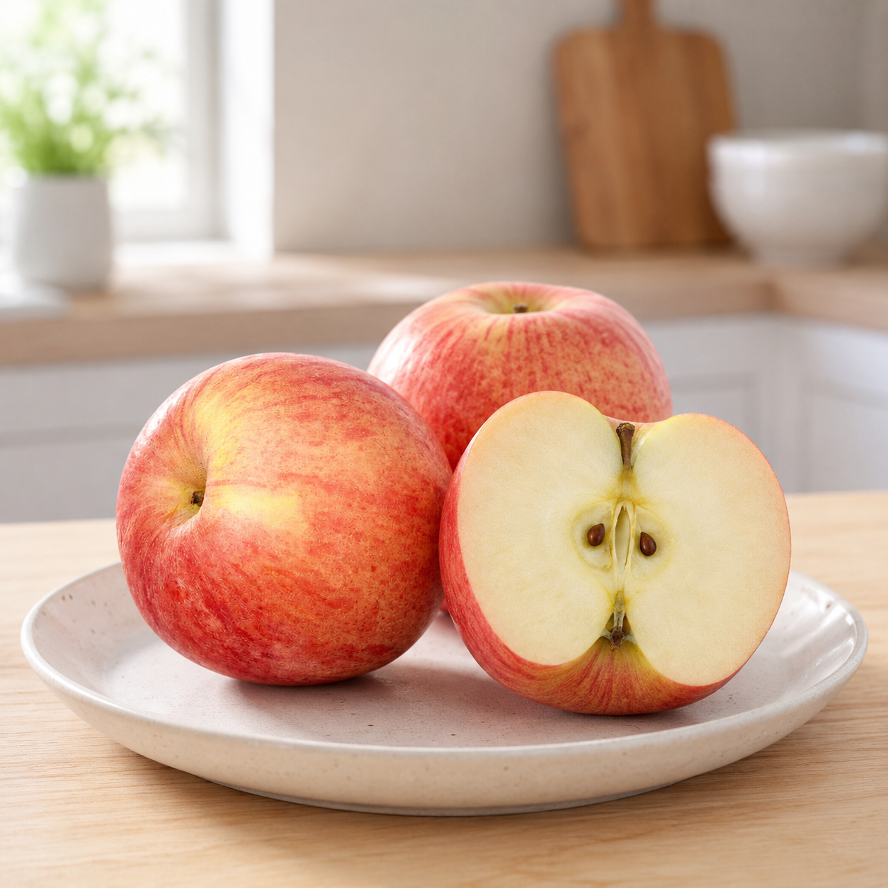 Cut Fuji apple showing white juicy flesh and crisp texture