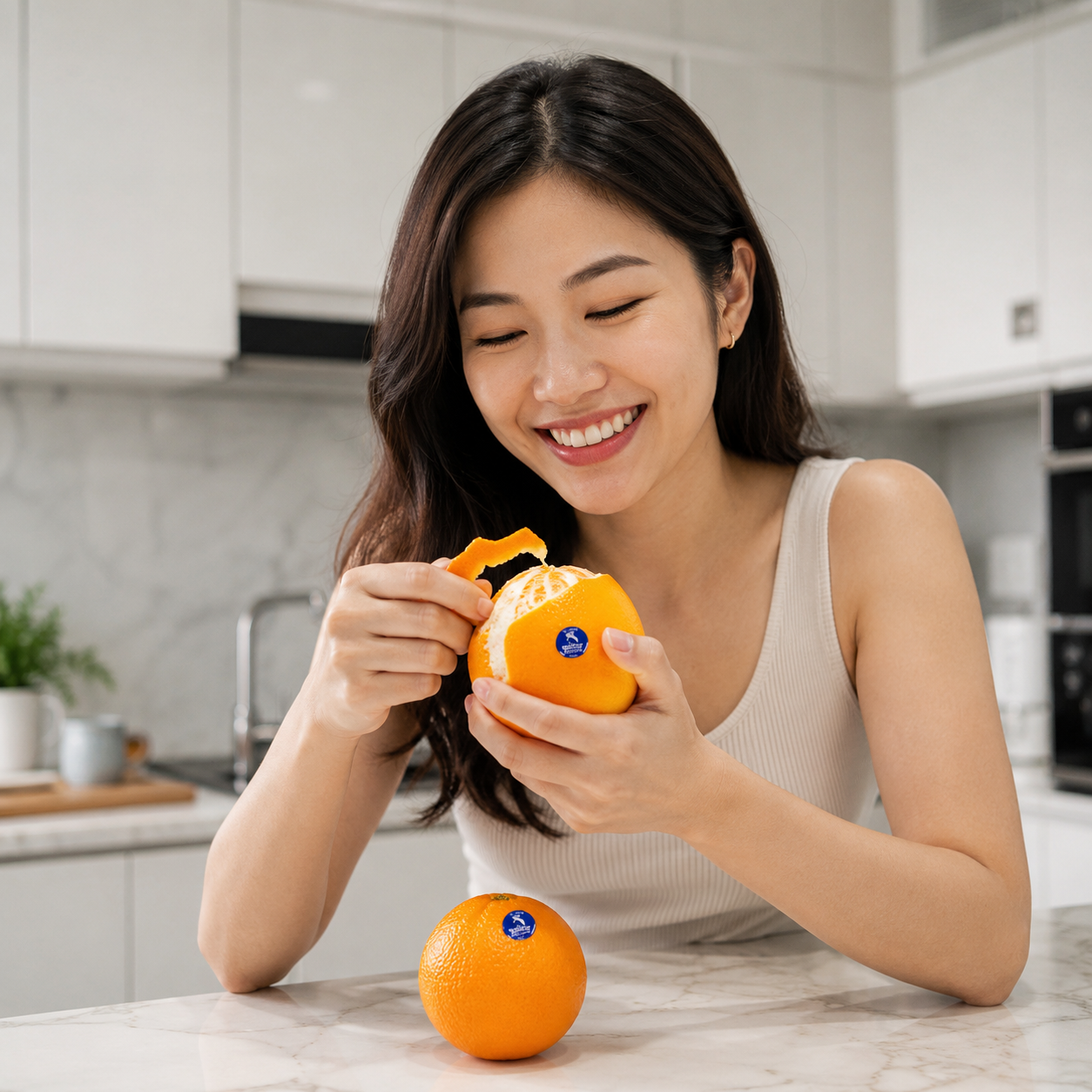 Person enjoying fresh Blue Jay Navel Orange segments in Singapore