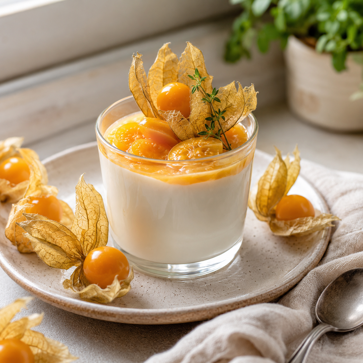 Glass of yogurt with physalis as a dessert on a plate with a spoon and plant in the background