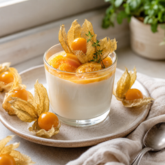 Glass of yogurt with physalis as a dessert on a plate with a spoon and plant in the background