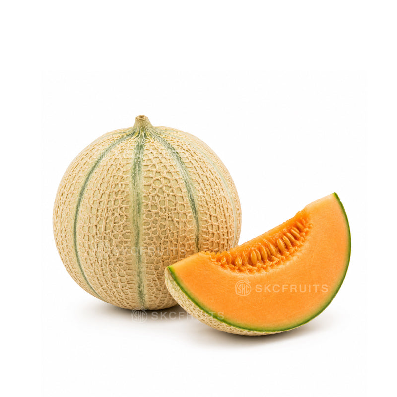 Cut open Charentais Melon showing sweet orange flesh and seeds