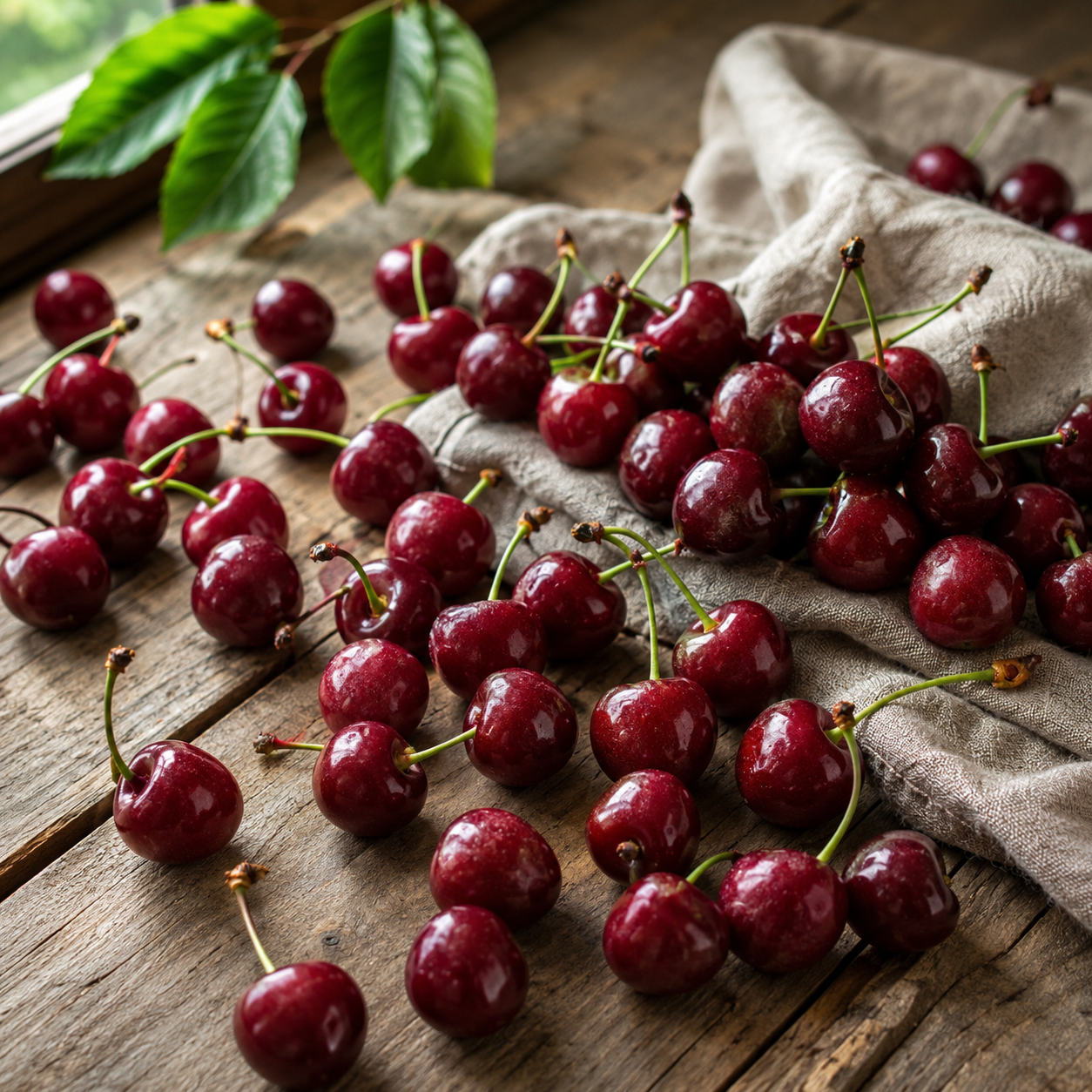 Red cherries on a wooden surface with a cloth and green leaves.