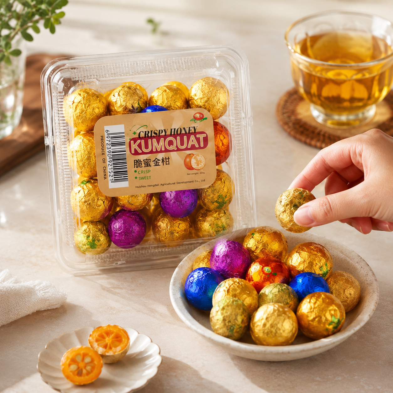 CNY Gold Wrapped Honey Kumquats in festive clear tray