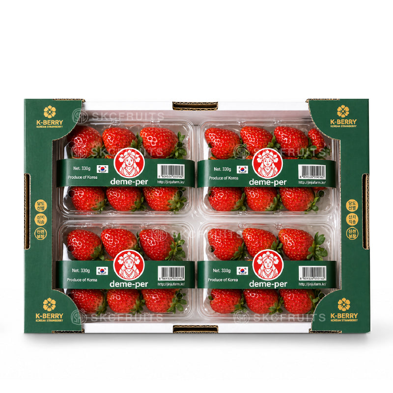Korean strawberry bulk box with 4 punnets of Deme-per strawberries
