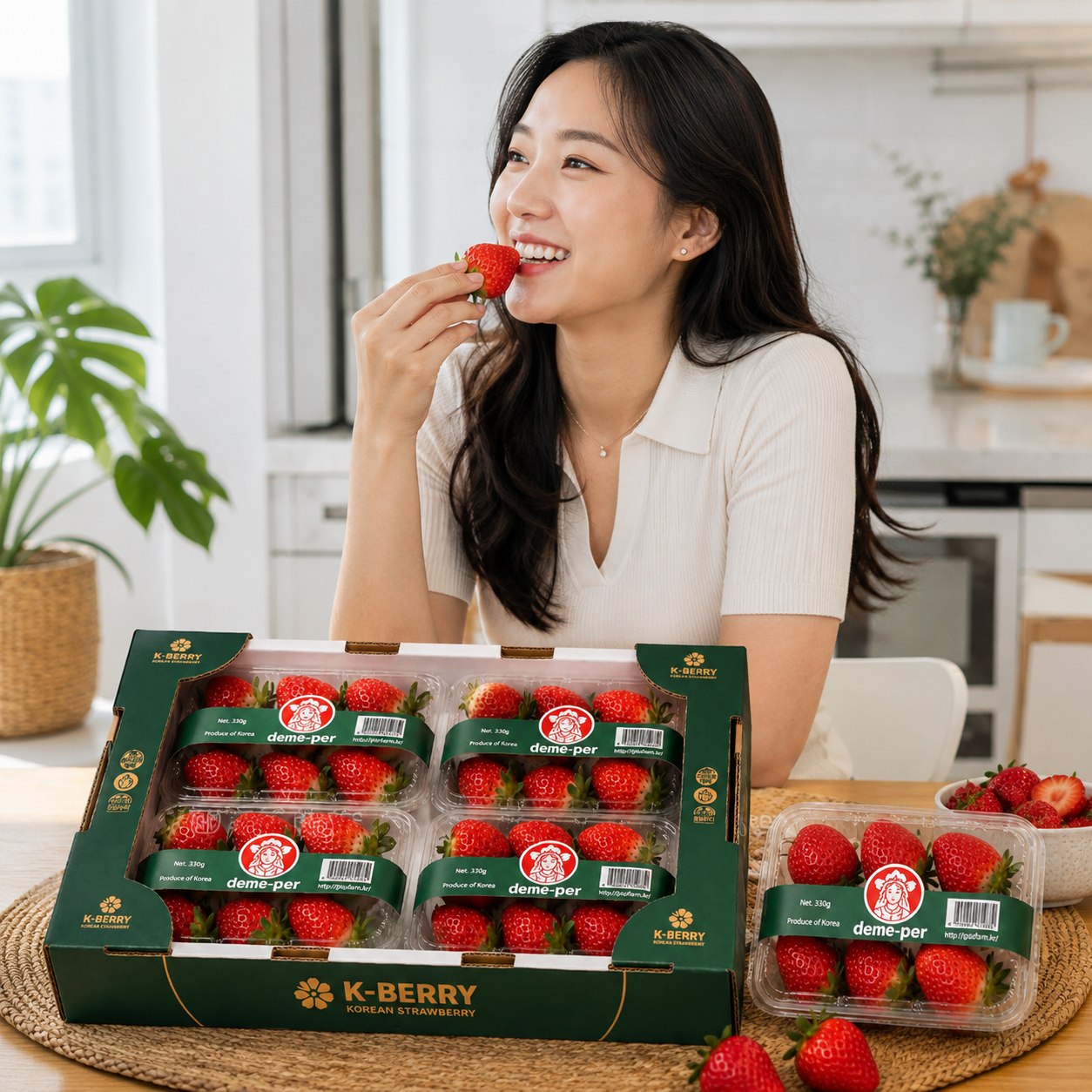 Person enjoying fresh Deme-per Korean strawberries in Singapore