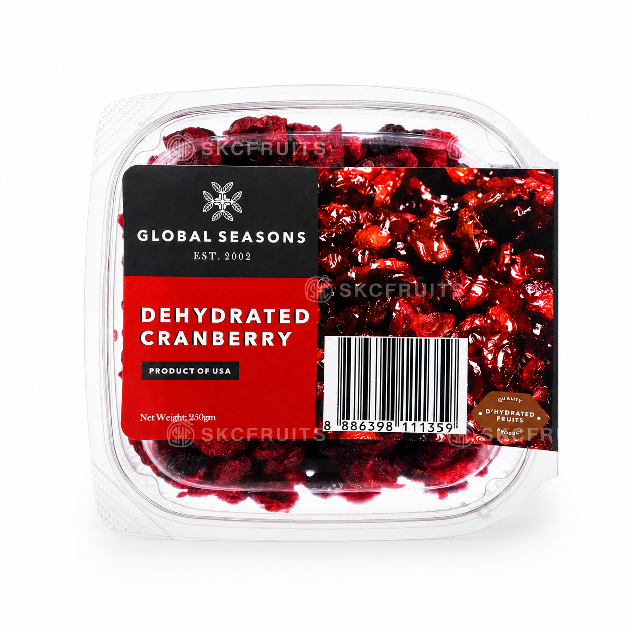 Packaged dehydrated cranberries in a clear plastic container with a label showing the brand 'Global Seasons' and the product name 'Dehydrated Cranberry'.