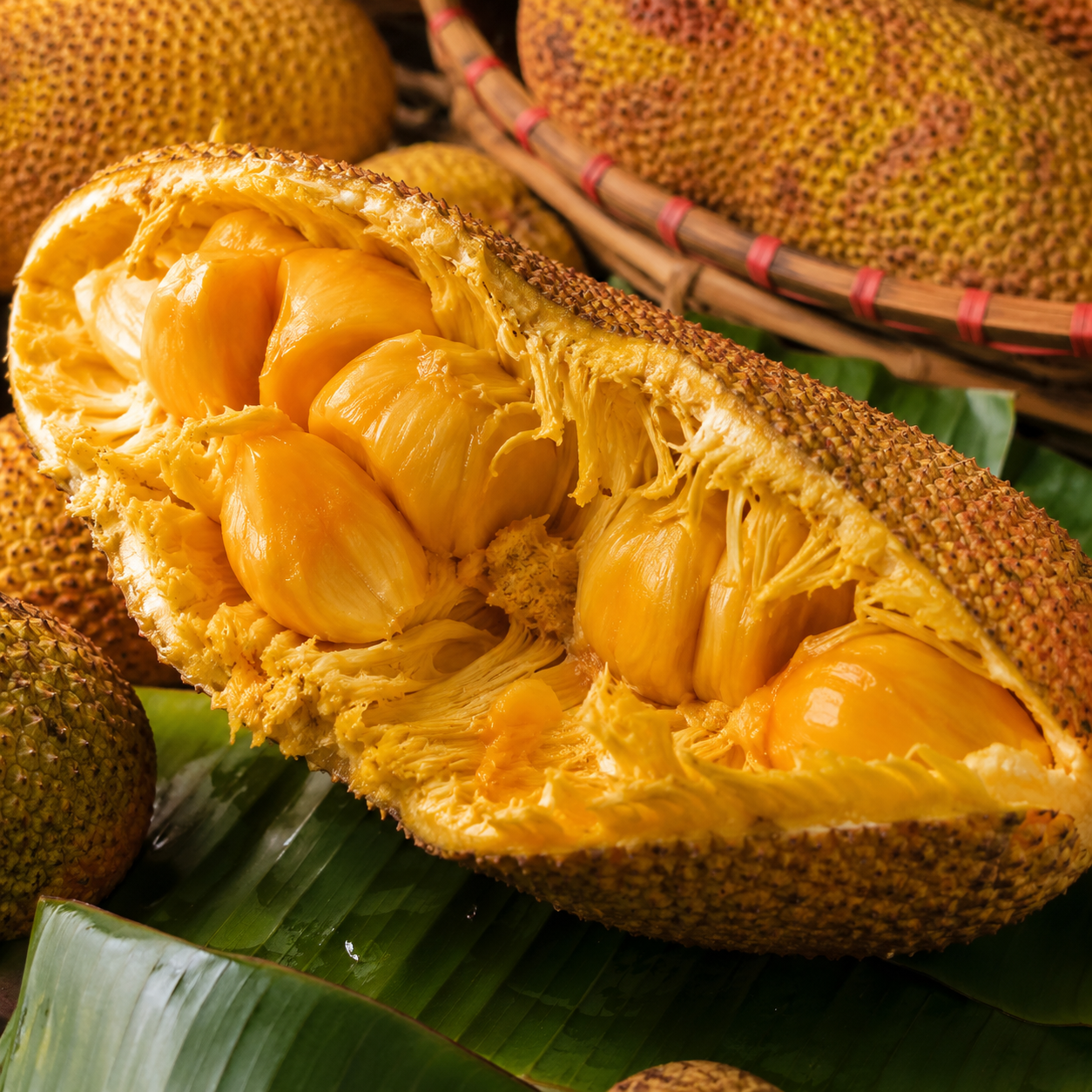 Durian Cempedak cut open with soft creamy flesh segments