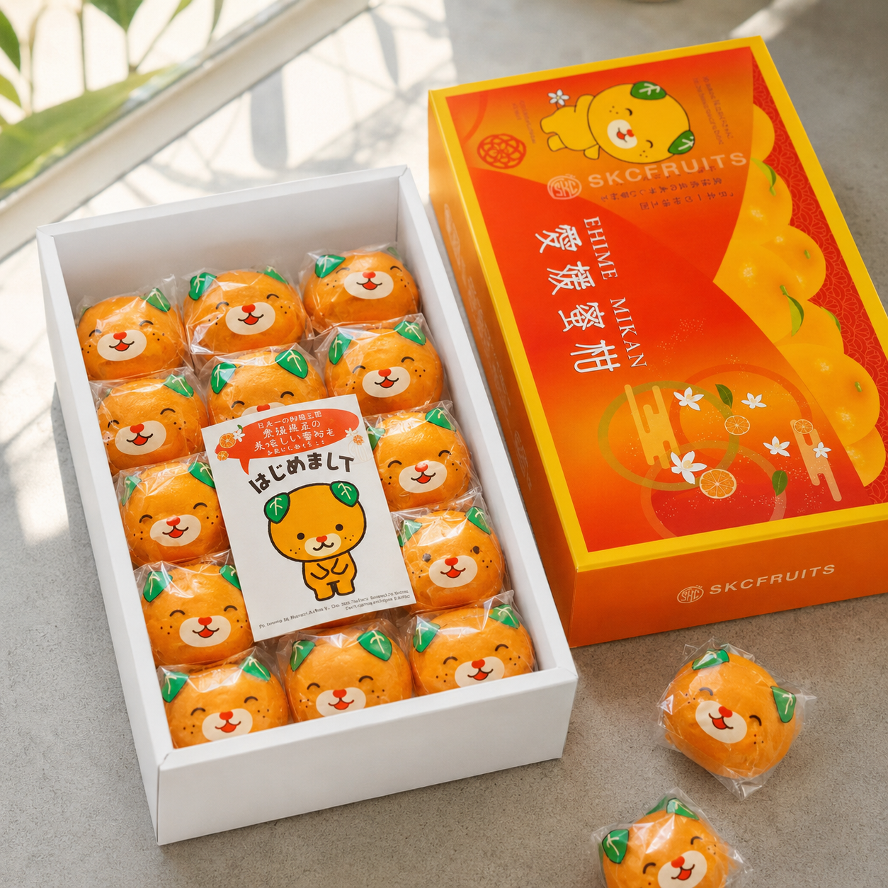Ehime Mikan orange gift box with cheerful mikan character packaging