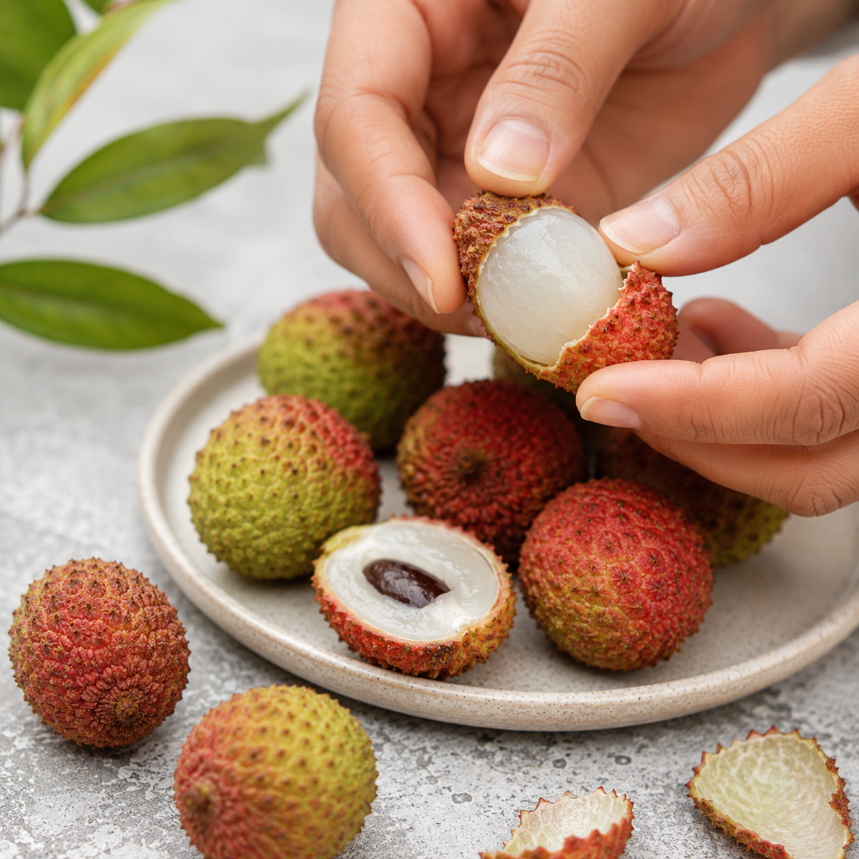 Fei Zi Xiao lychee fruit with green red shell and juicy white flesh