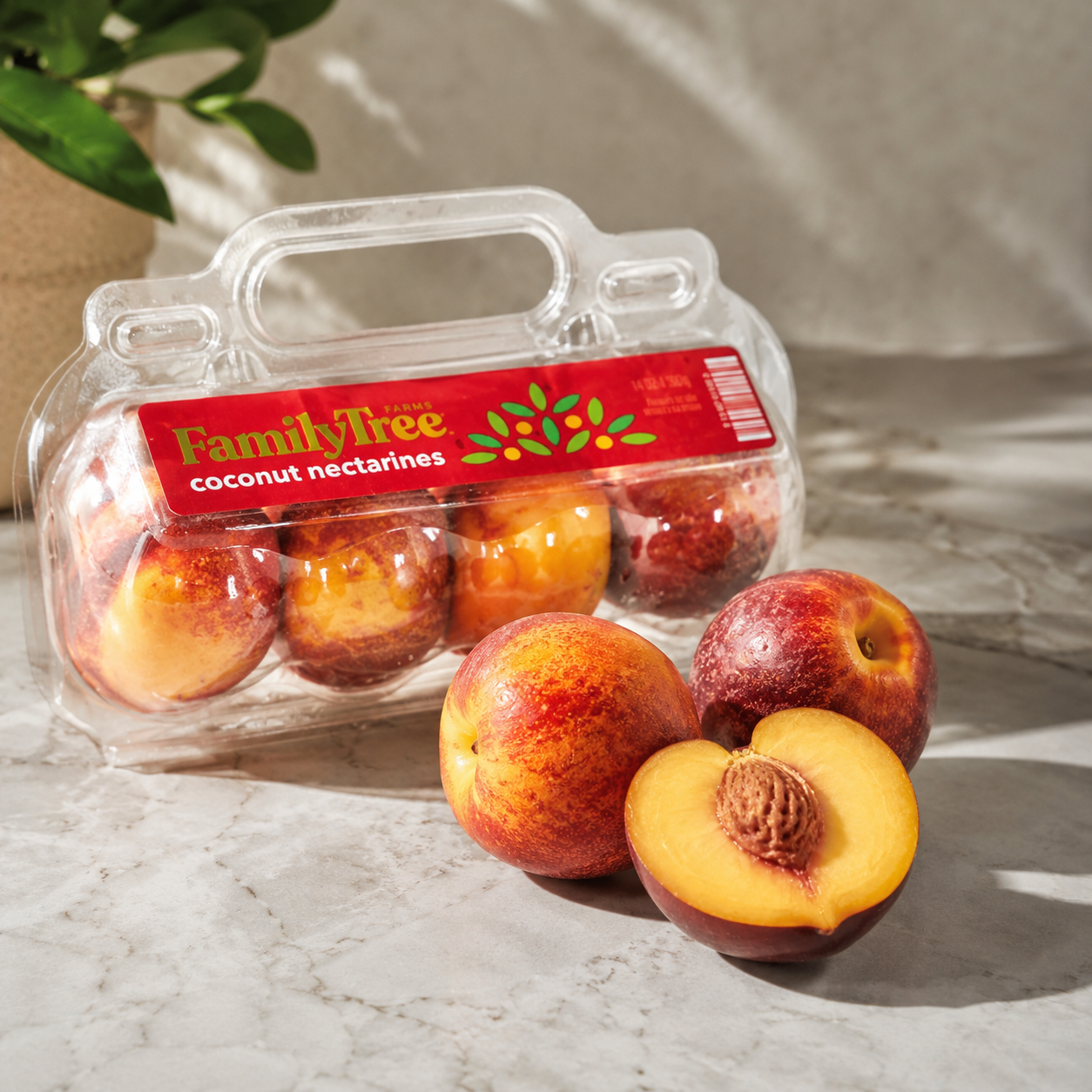 Flat nectarine clamshell pack suitable for fresh snacking and fruit platters