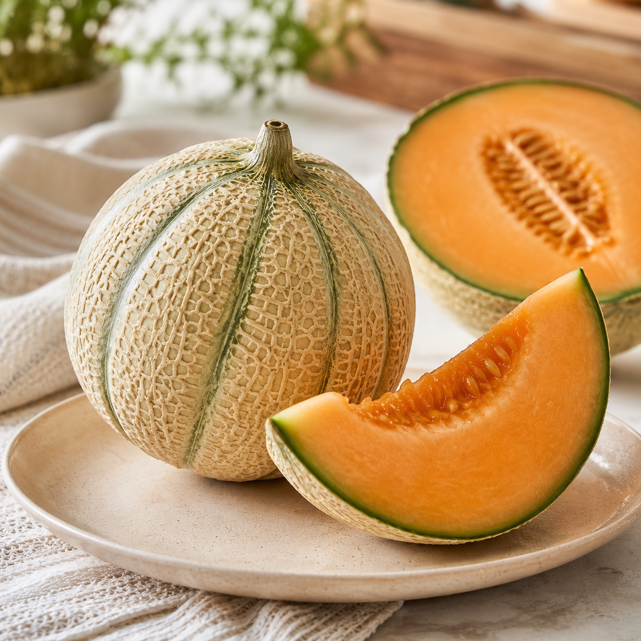 French melon fruit platter with chilled Charentais melon slices
