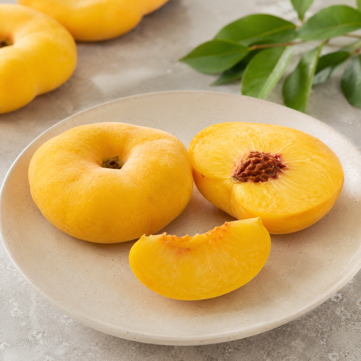 Fresh flat peach fruit suitable for sweet juicy snacking
