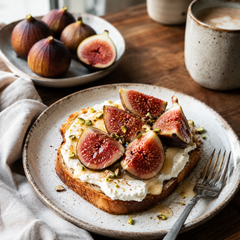 Toast with figs and cream cheese on a plate with almond fig pairings and baked figs