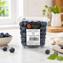 Container of blueberries with a visible brand label on a kitchen counter.