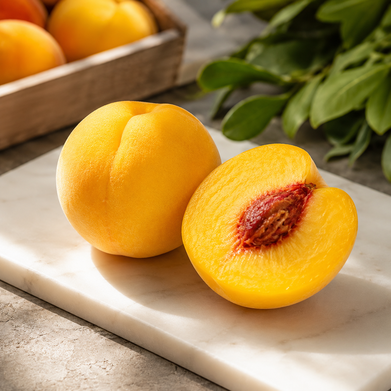 Yellow-flesh peach with soft fuzzy skin and bright golden colour