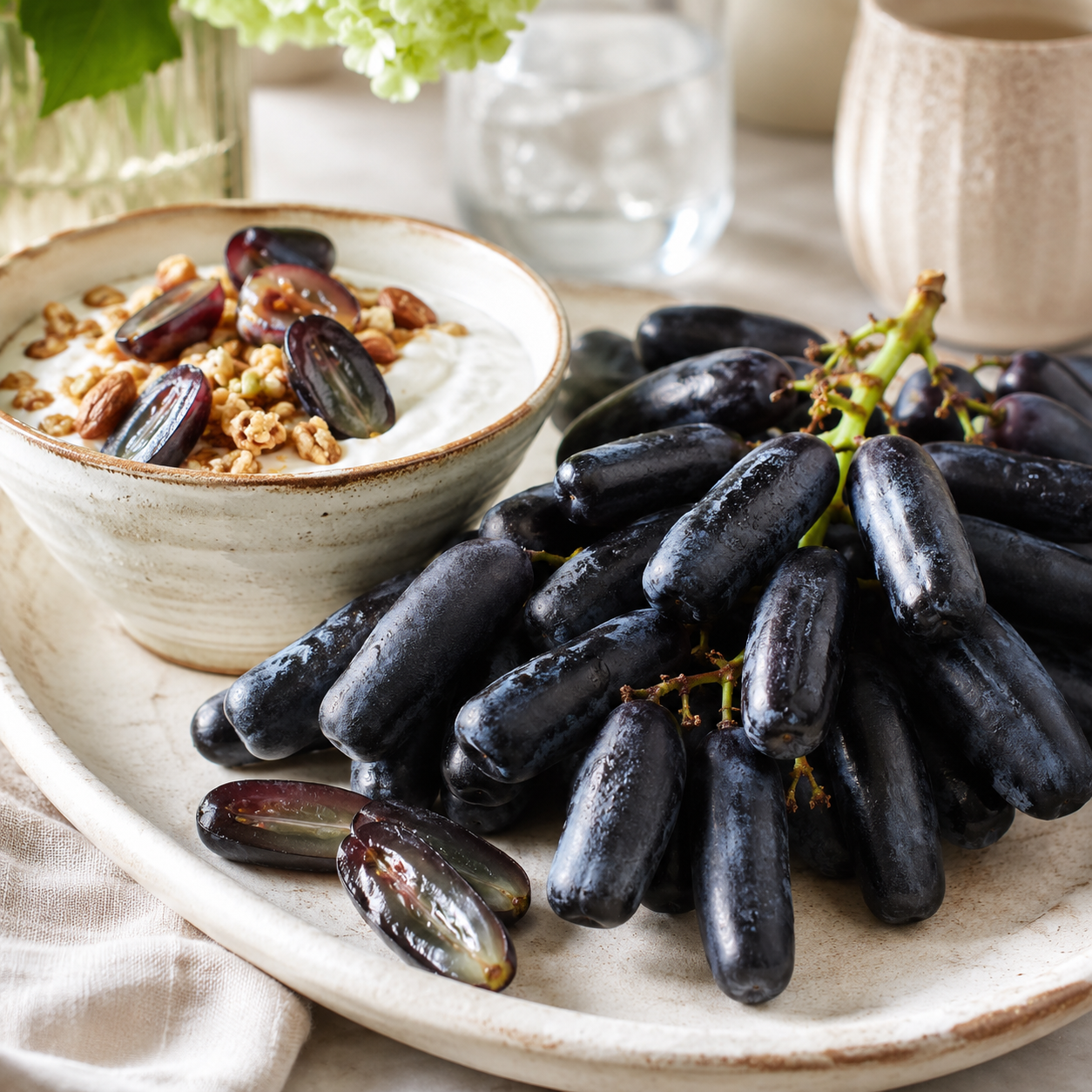Fruitico black grapes served on a fresh fruit platter