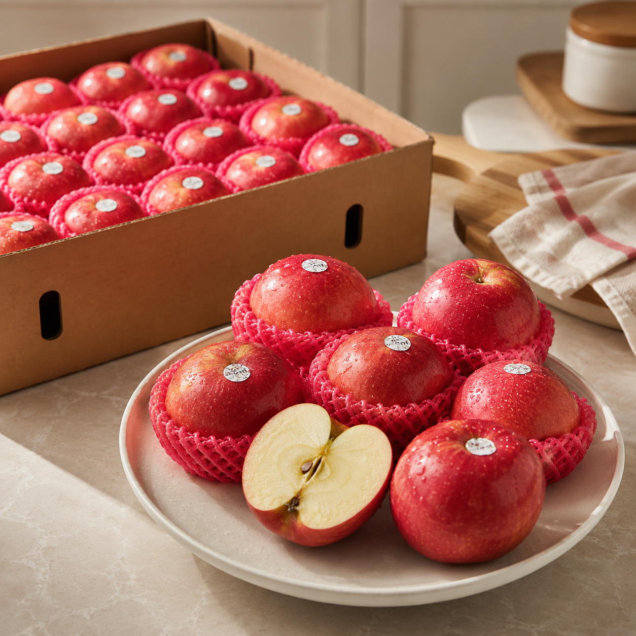 Cut Fuji apple on a plate showing crisp juicy flesh for baking and drinks