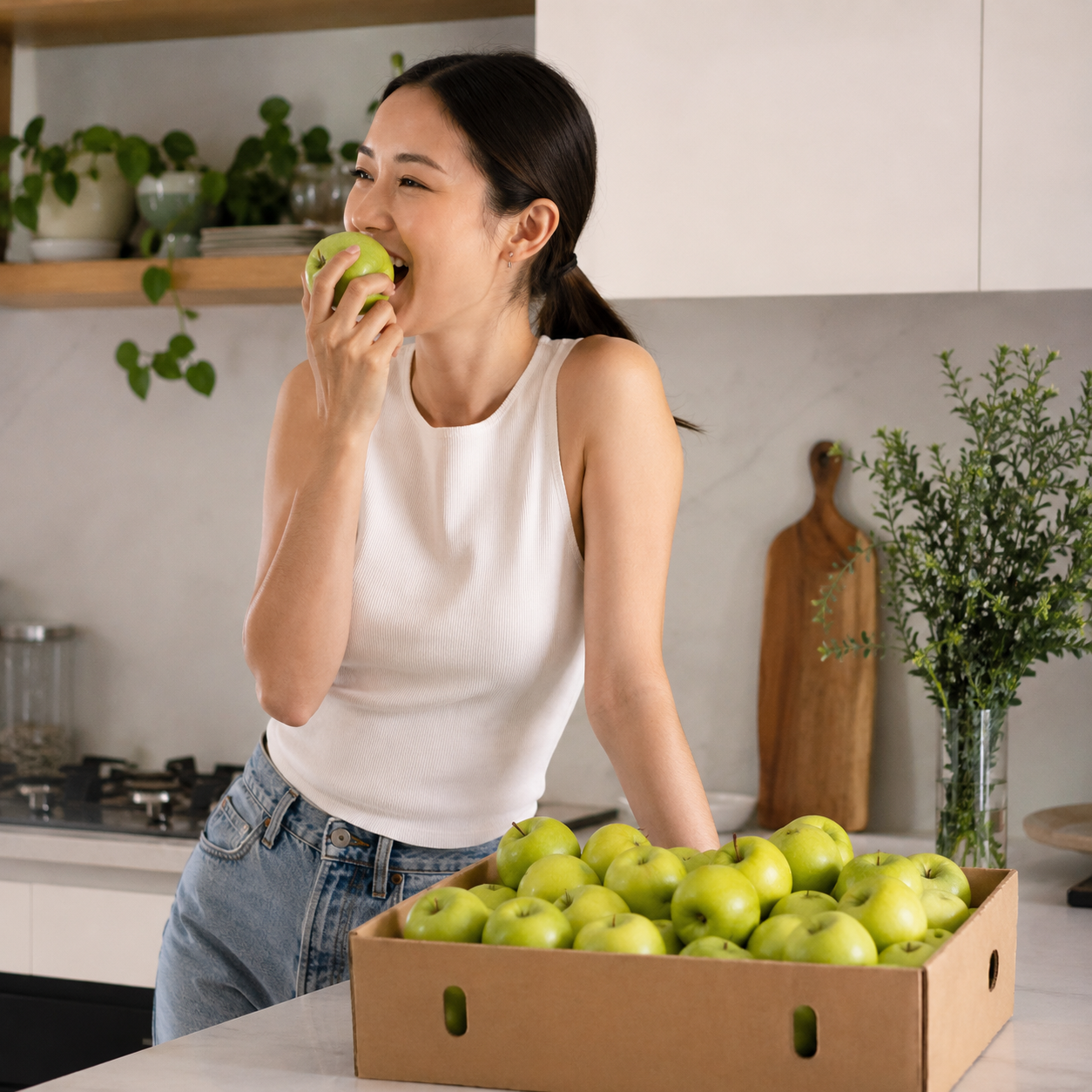 Person enjoying fresh Granny Smith green apple slices in Singapore