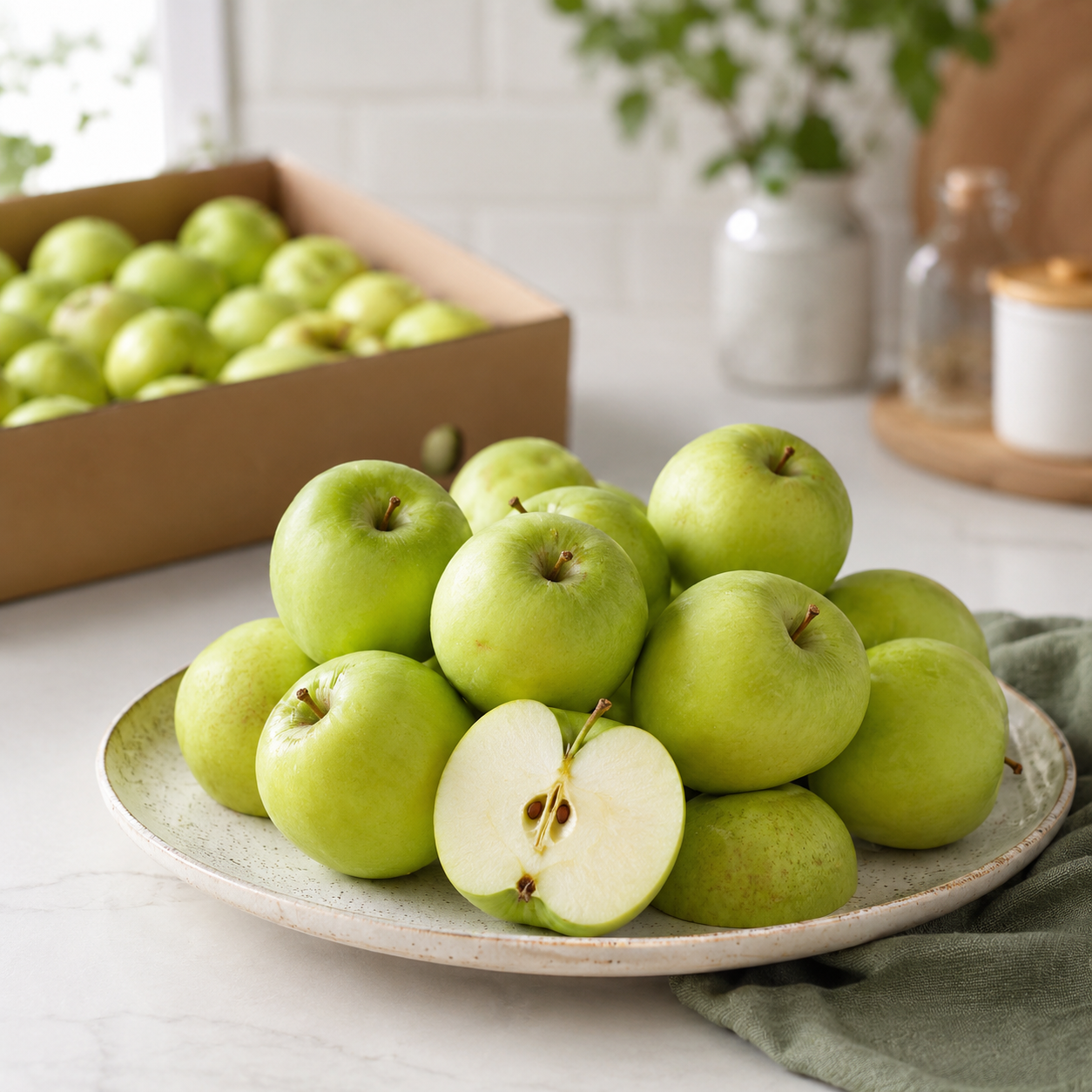 Green apple slices from Granny Smith apples served on a plate
