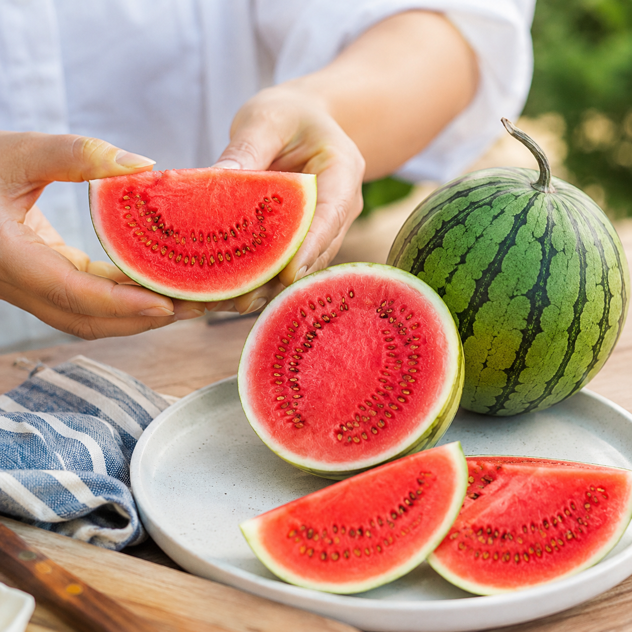 Green watermelon with sweet red flesh for chilled fresh eating