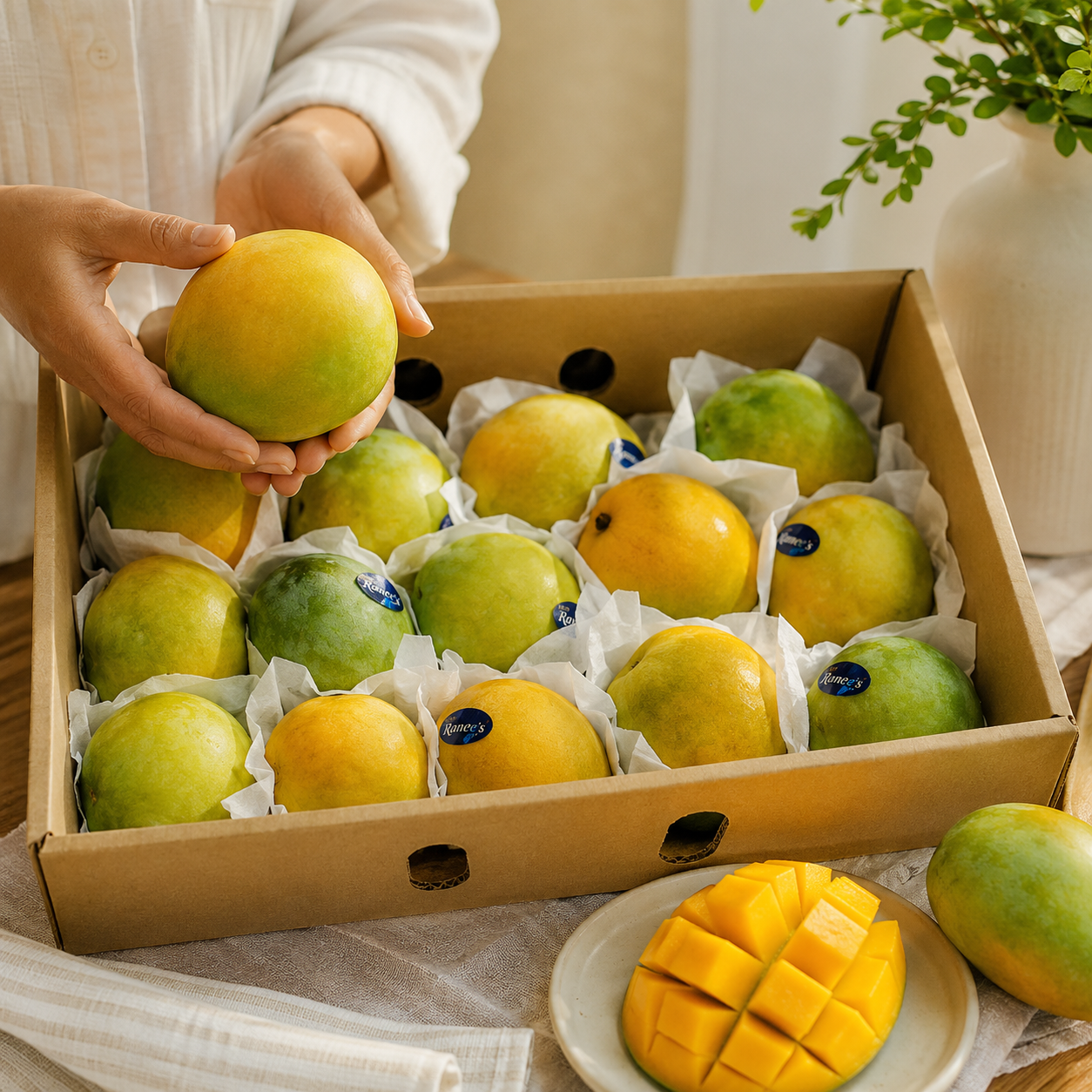 how to eat ice cream mango fruit by cutting and scooping with a spoon