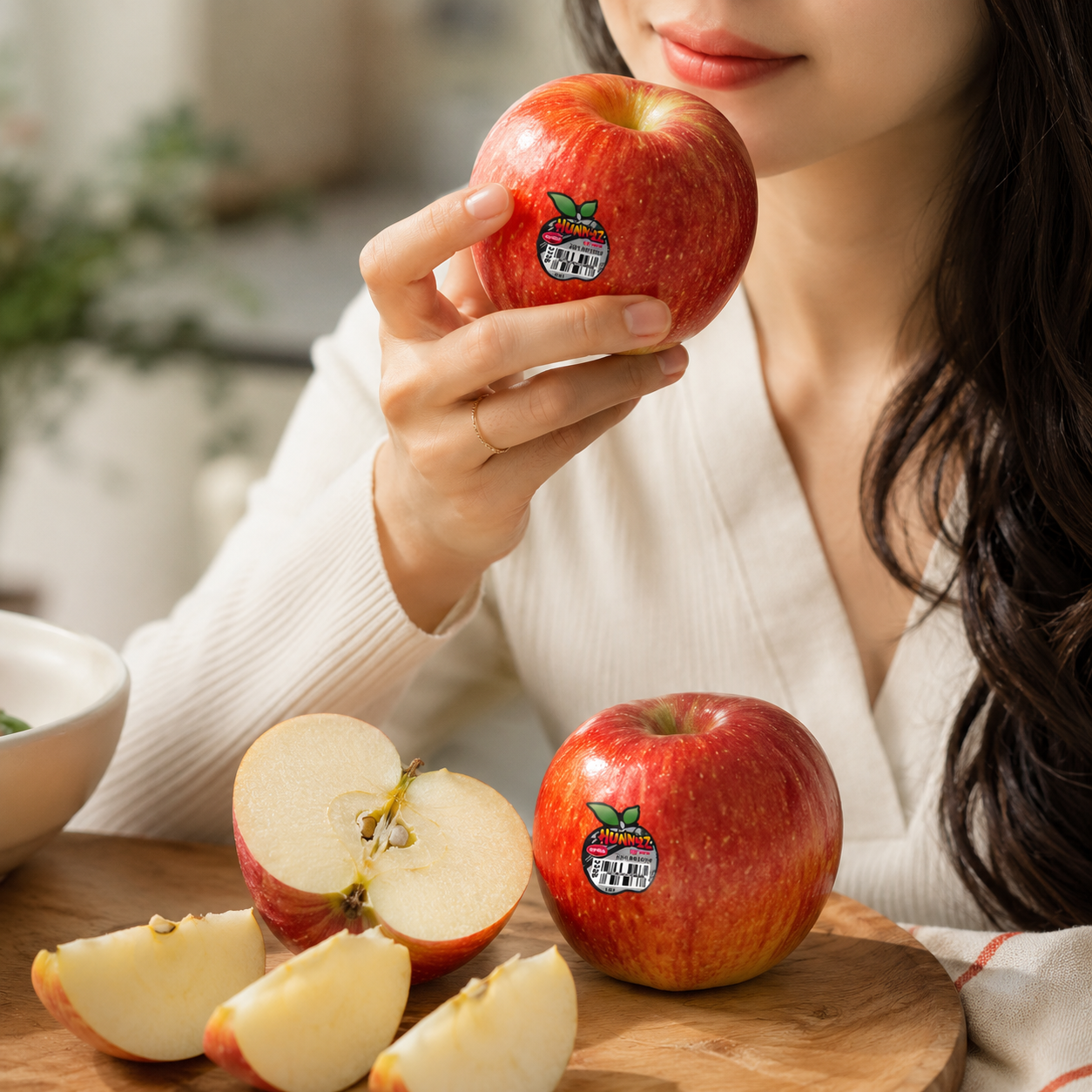 Person enjoying fresh Hunnyz Apple slices in Singapore