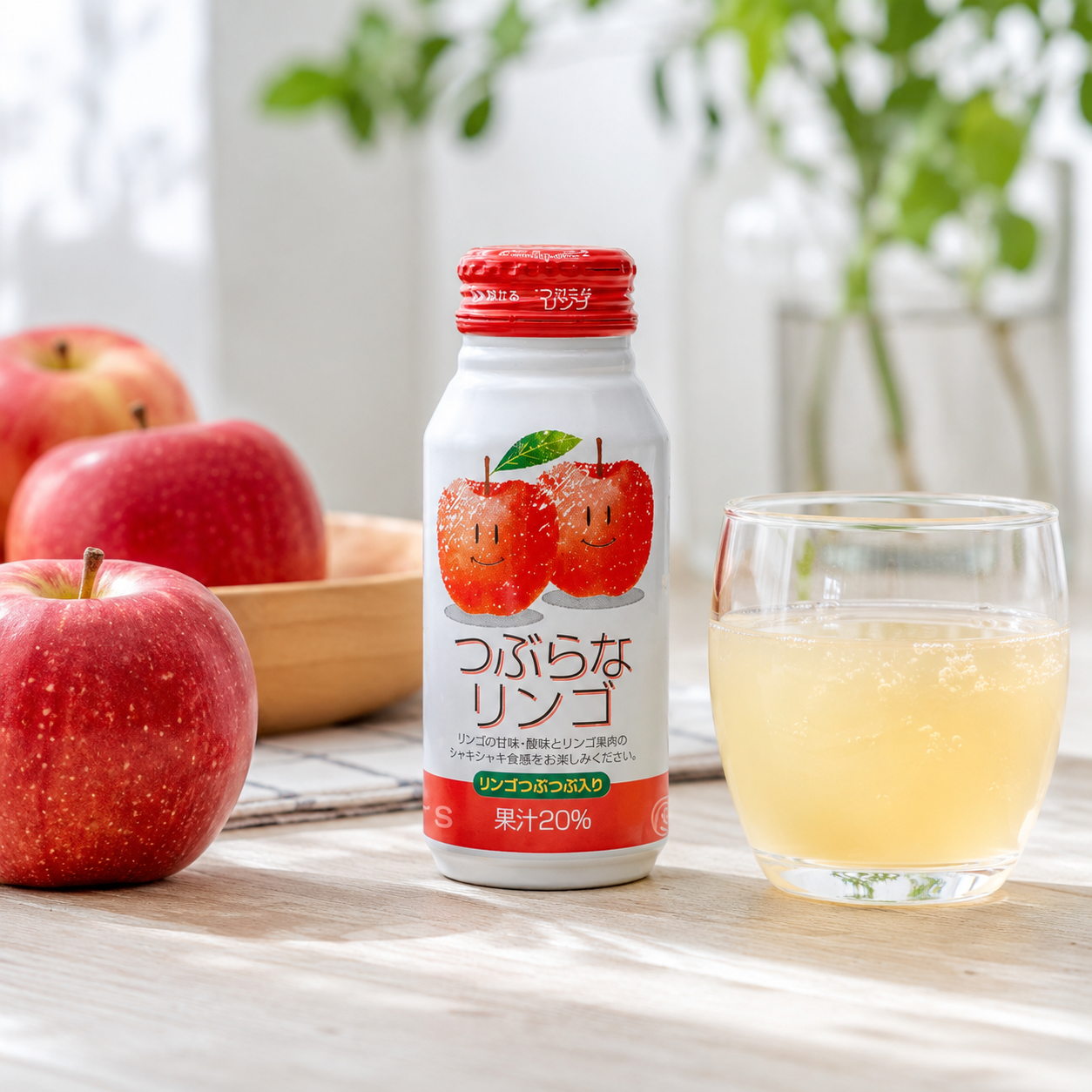 Japanese apple juice drink poured into a glass with apple pieces