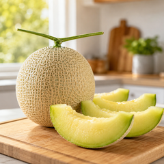 Japanese Emerald Muskmelon slices served chilled on a fruit platter