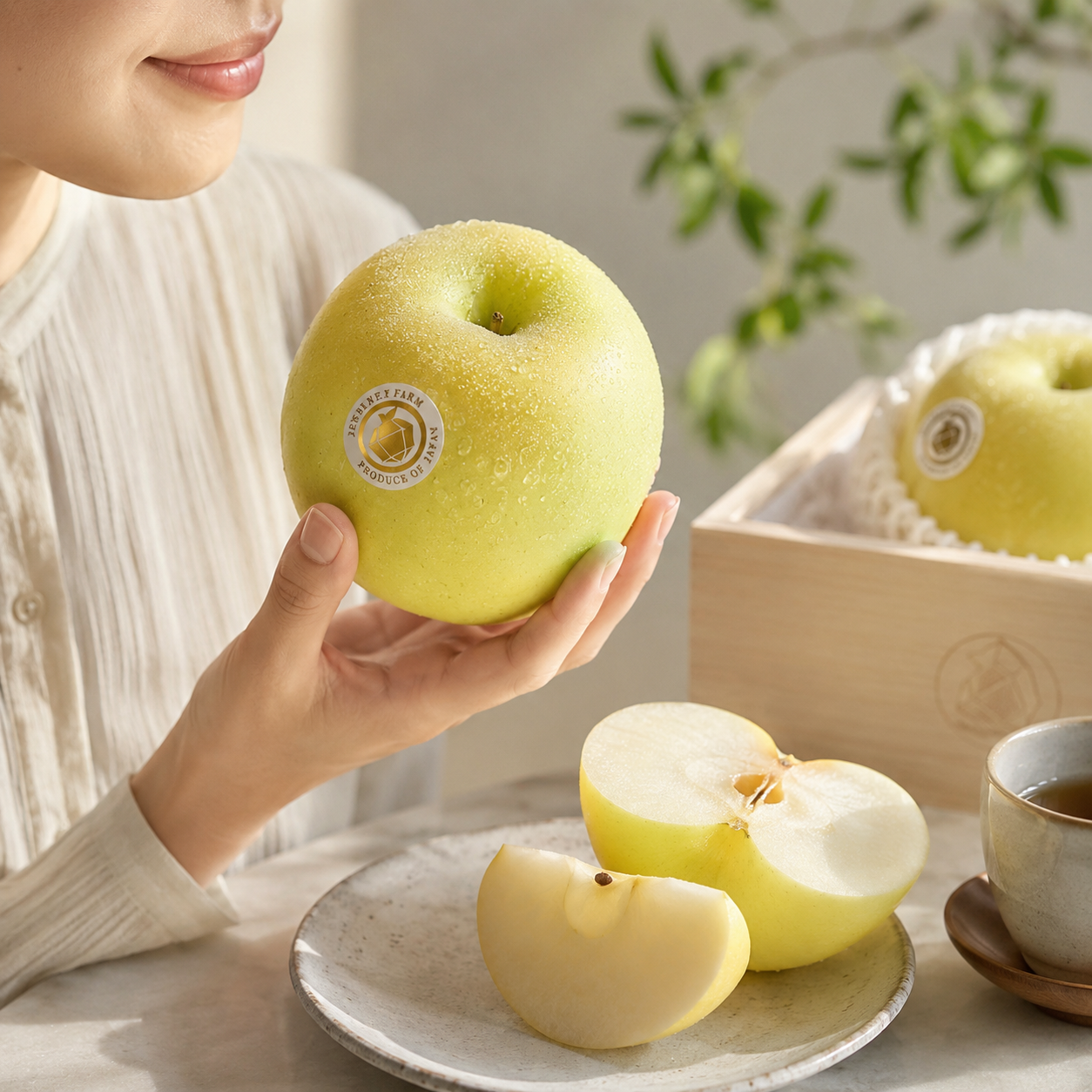 Person enjoying fresh Japanese Orin Apple slices in Singapore
