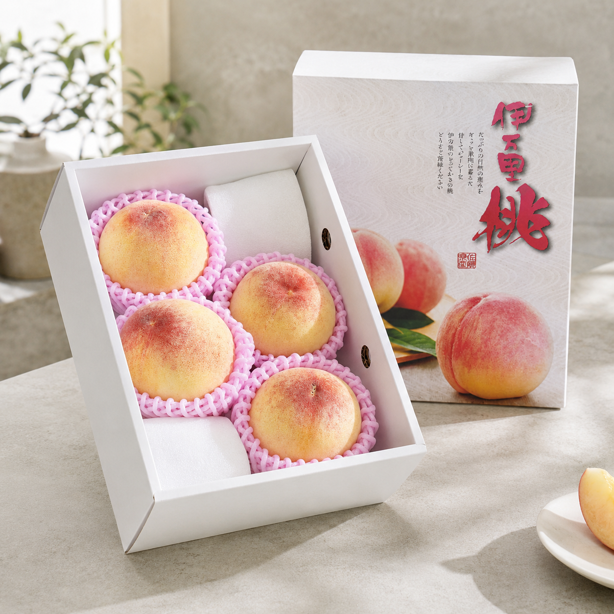 Japanese peaches Imari box with protective fruit nets