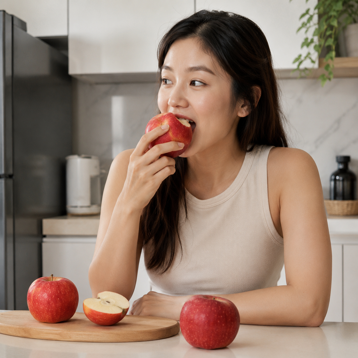 Person enjoying fresh Sobaeksan Enbu Apple slices in Singapore