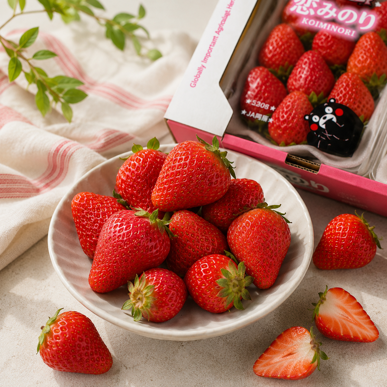 Japan Kumamoto Koiminori Strawberries in premium tray
Koiminori strawberry 恋みのり with glossy red fruit